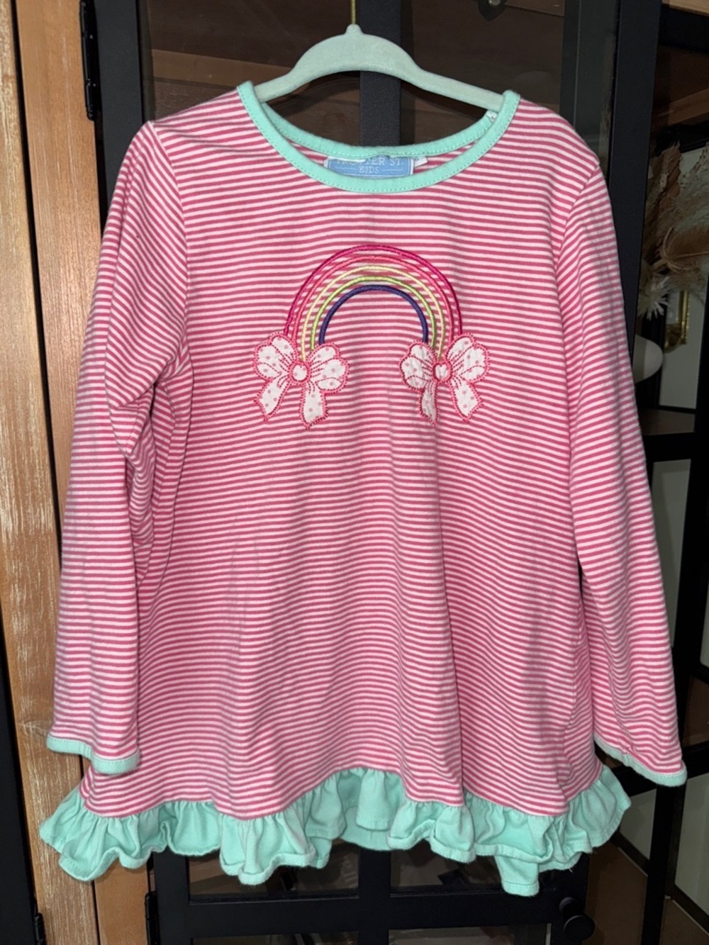 Trotter Street Kids rainbow appliqué embroidered dress long sleeve striped girls
